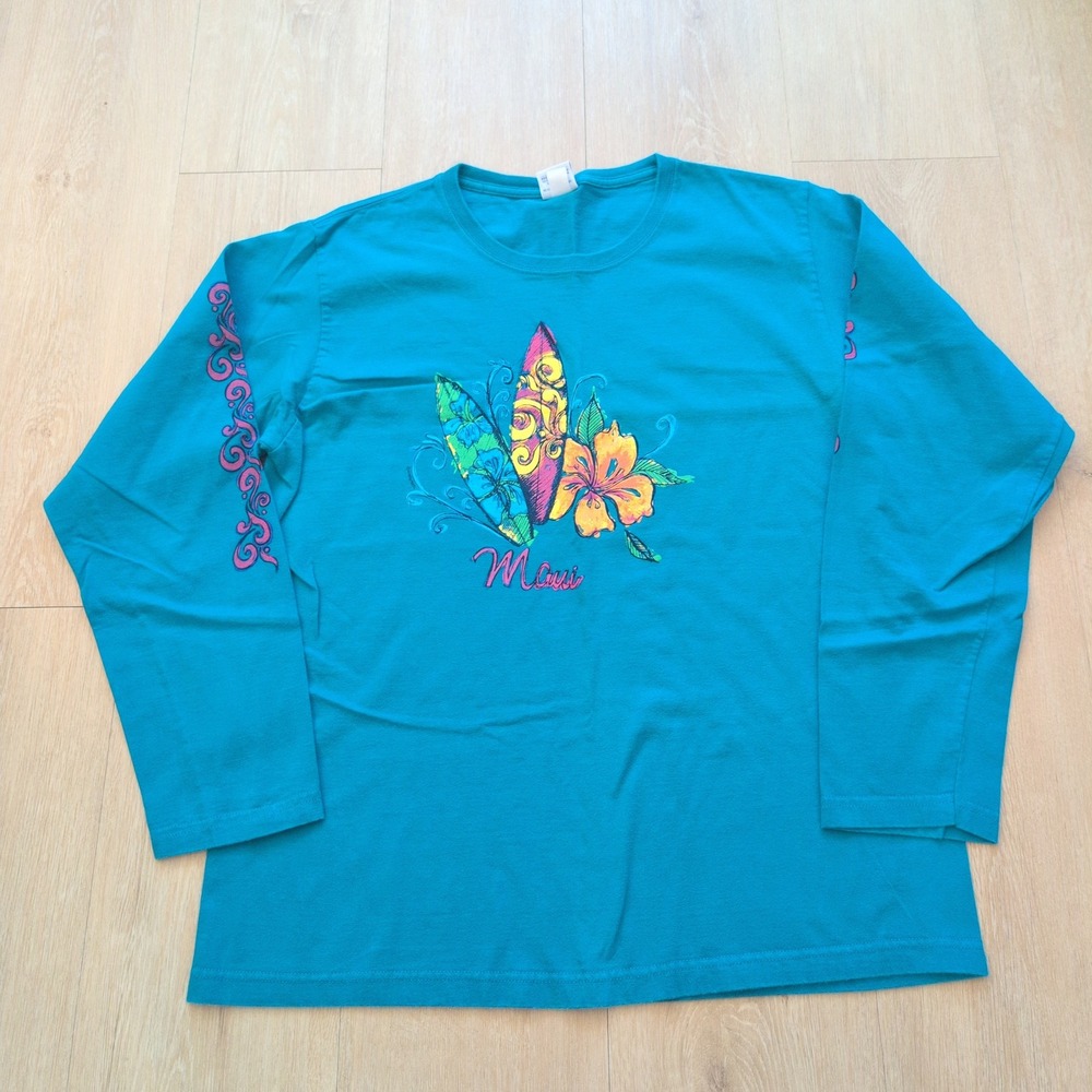 Crazy Shirt Hawaii Maui Graphic Long Sleeve Tee Teal Blue Surfboard XL
